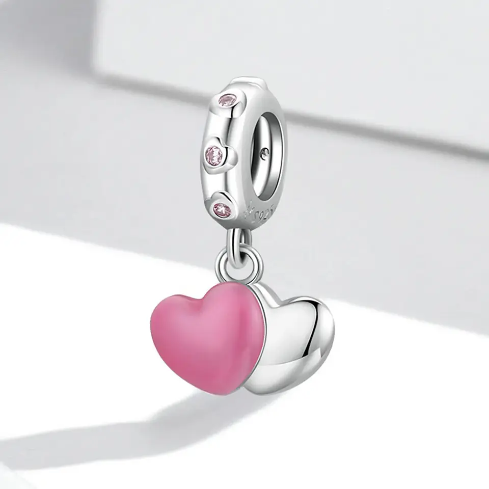 Charm Dije Plata 925 Doble Corazon Rosa Silver 5