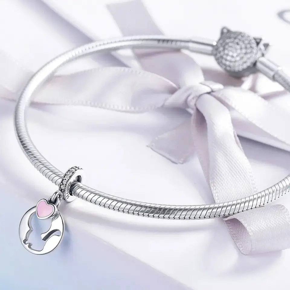Charm Dije Plata 925 Gato Corazon Rosa 2
