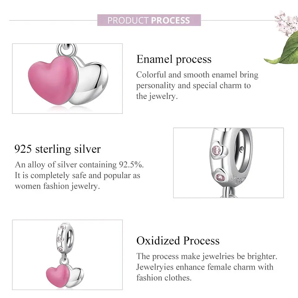 Charm Dije Plata 925 Doble Corazon Rosa Silver 6