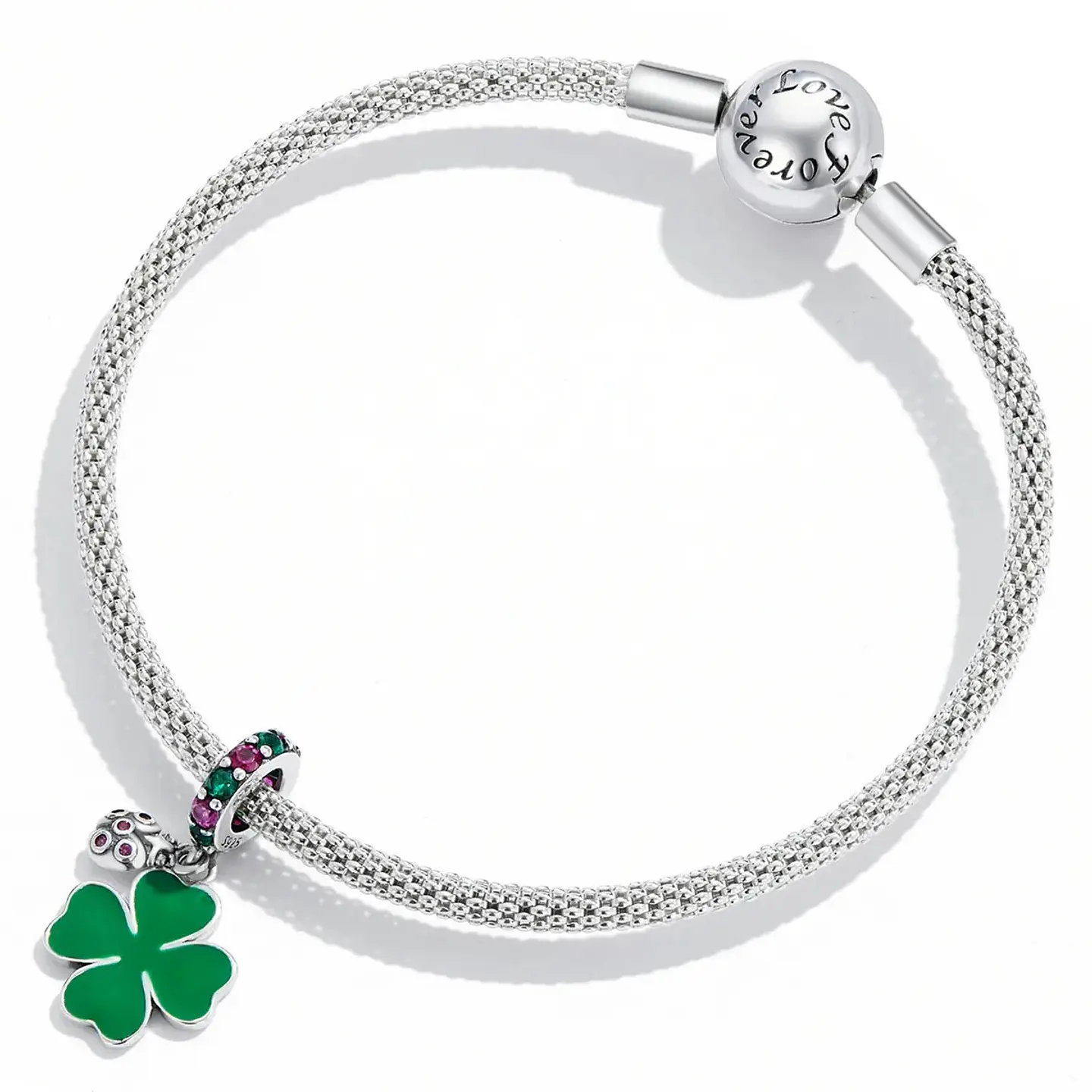 Charm Dije Plata 925 Trebol Verde Mariquita 3