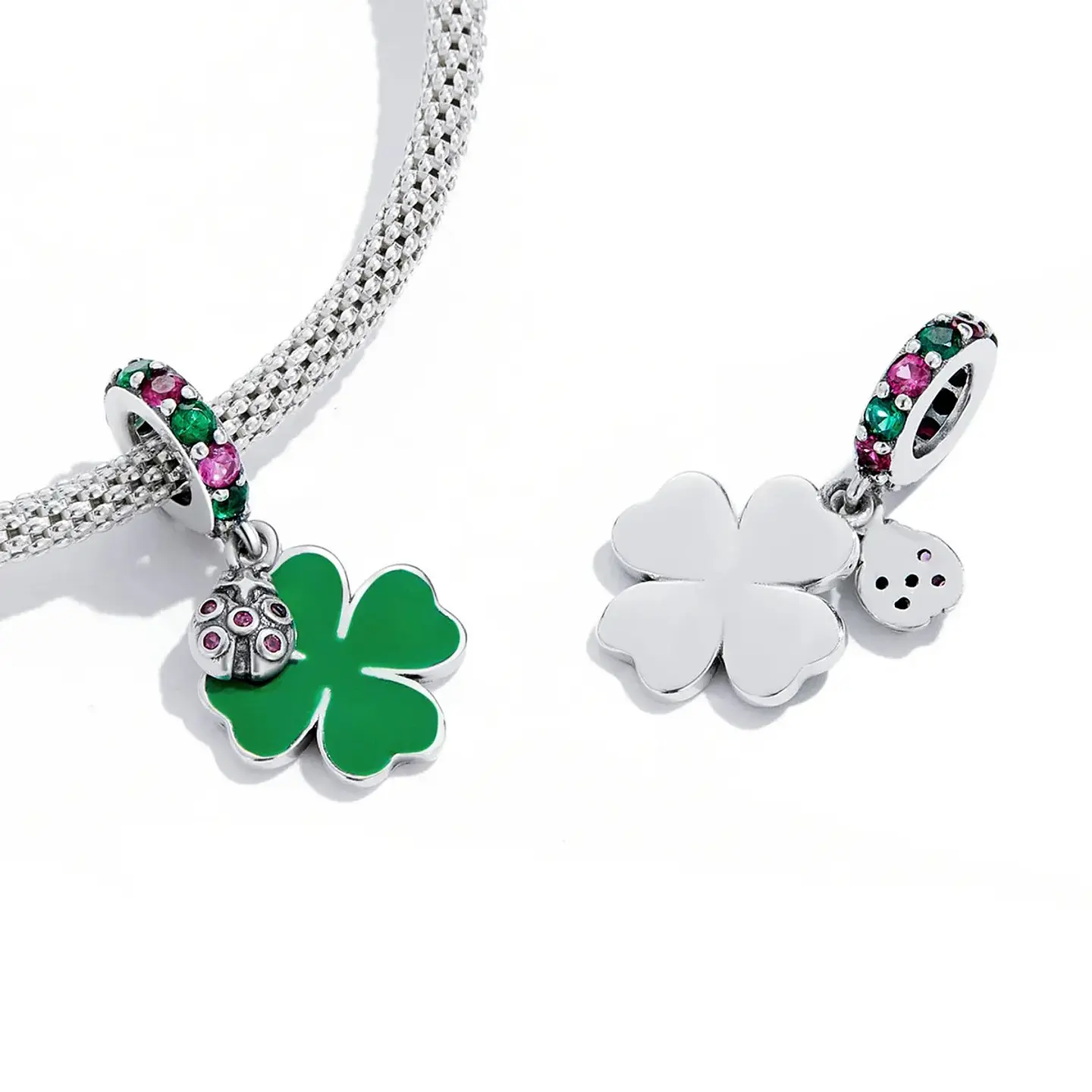 Charm Dije Plata 925 Trebol Verde Mariquita 4