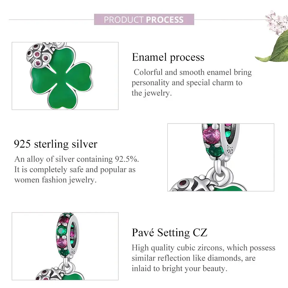 Charm Dije Plata 925 Trebol Verde Mariquita 5