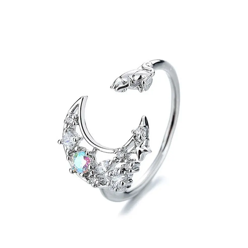 Anillo Forma de Luna y Gato Plateado 1