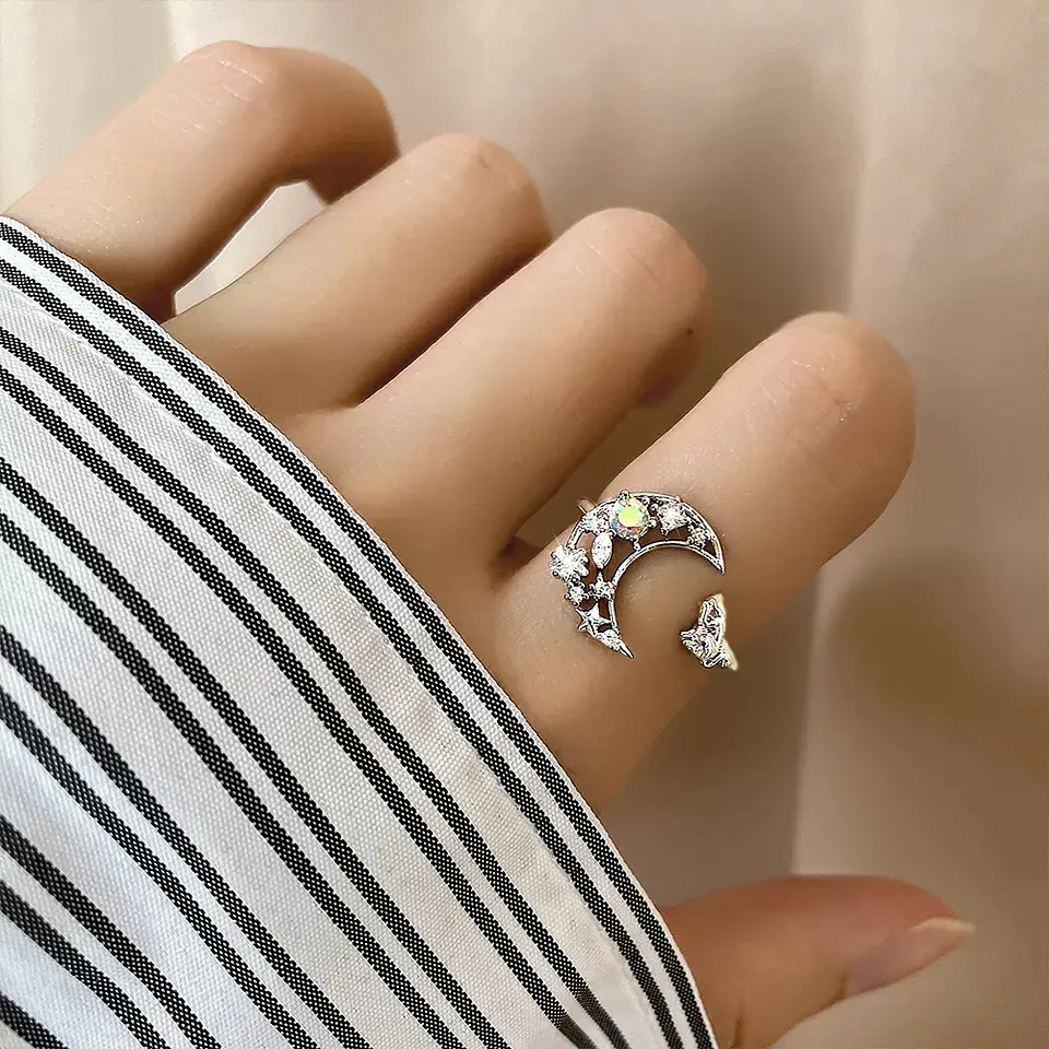 Anillo Forma de Luna y Gato Plateado 2
