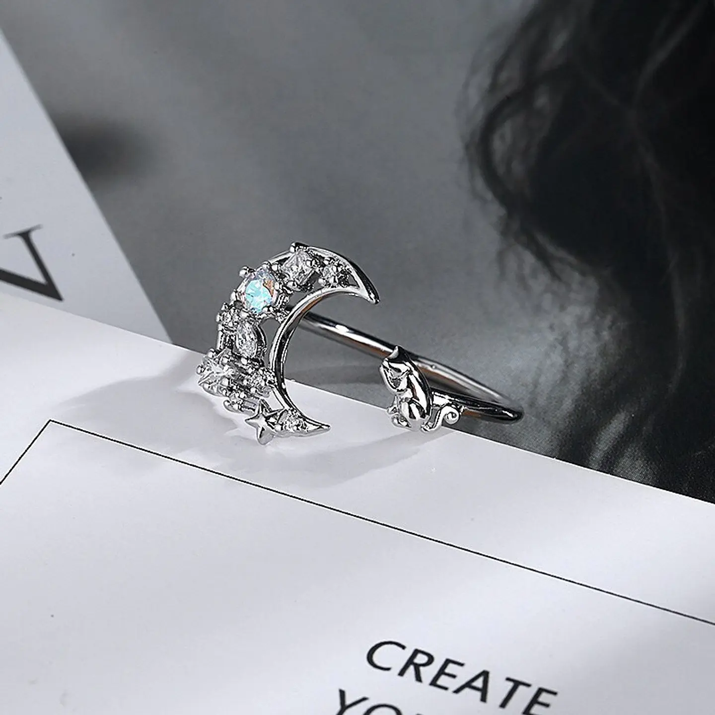 Anillo Forma de Luna y Gato Plateado 5