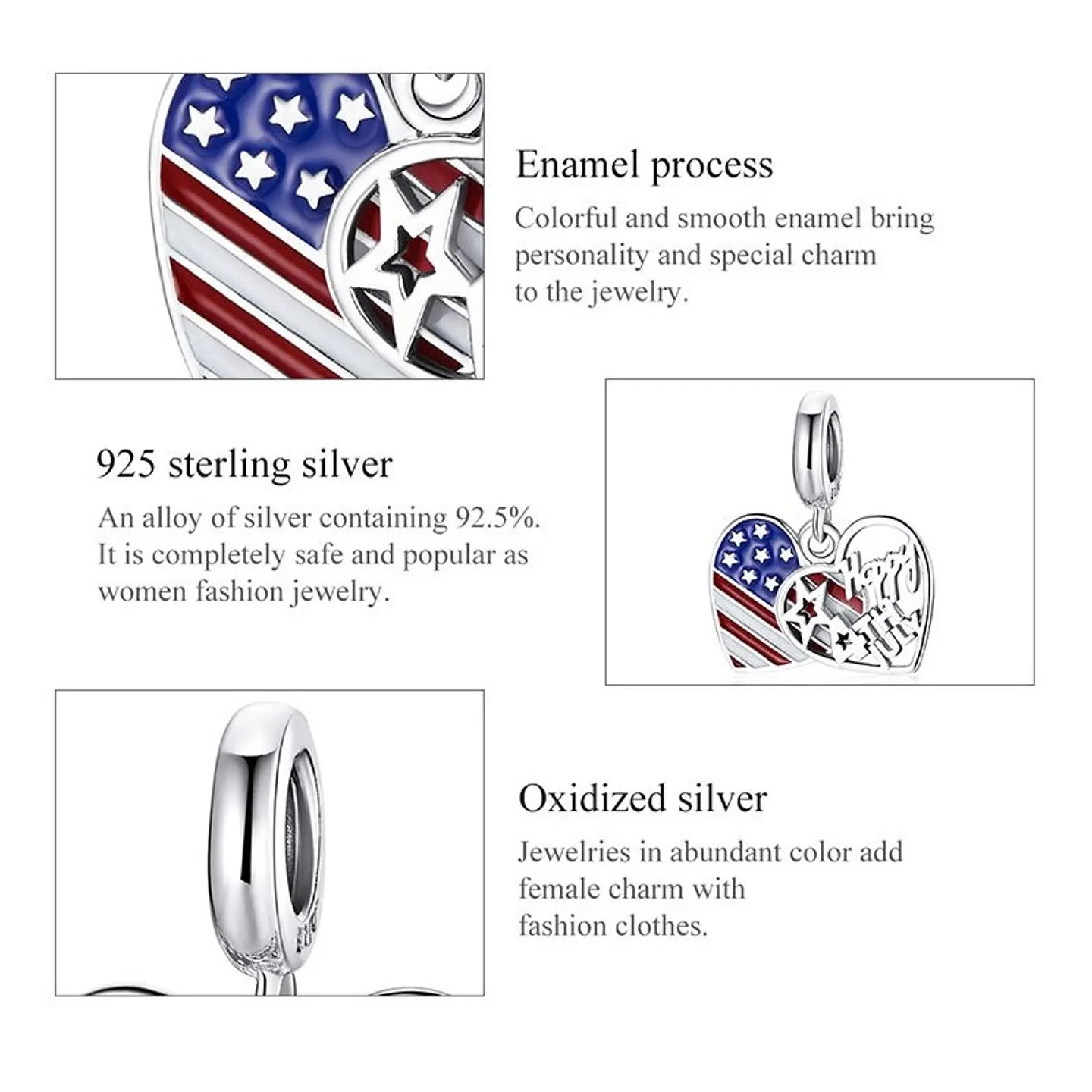 Charm Dije Plata 925 Bandera Usa Happy 4th July 2