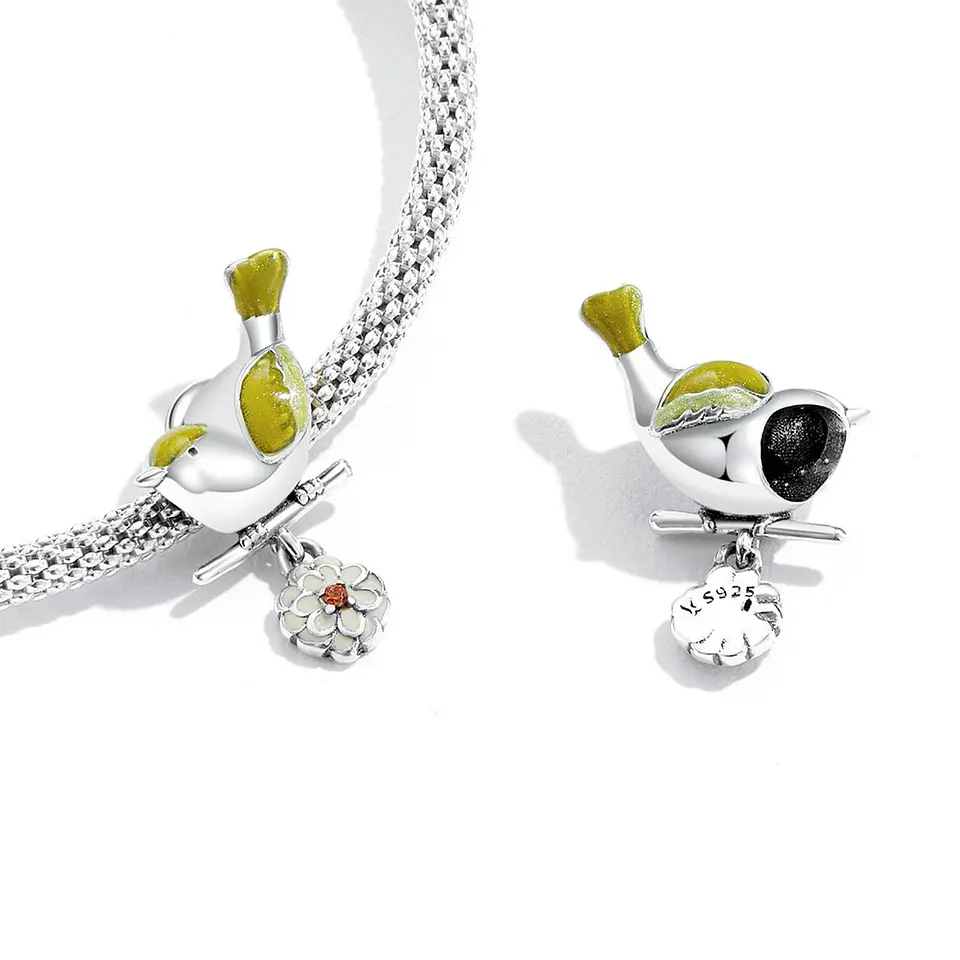 Charm Dije Plata 925 Pajaro Ave Amarillo en Flor 2