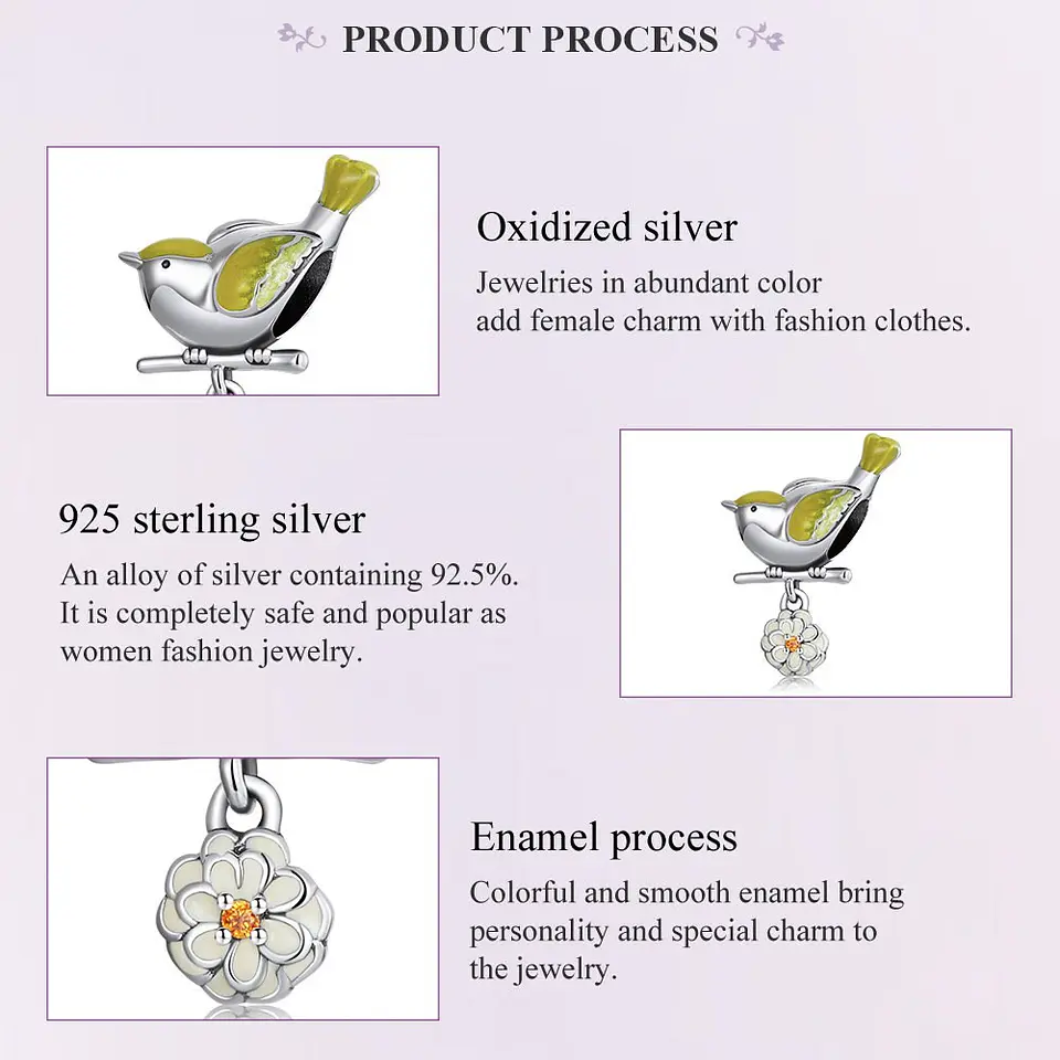 Charm Dije Plata 925 Pajaro Ave Amarillo en Flor 5