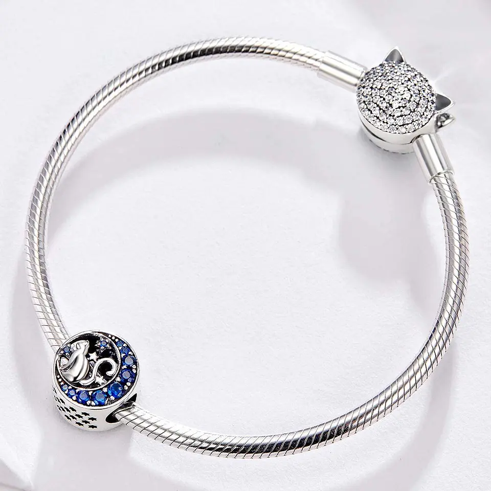 Charm Dije Plata 925 Gato en Luna Azul 2