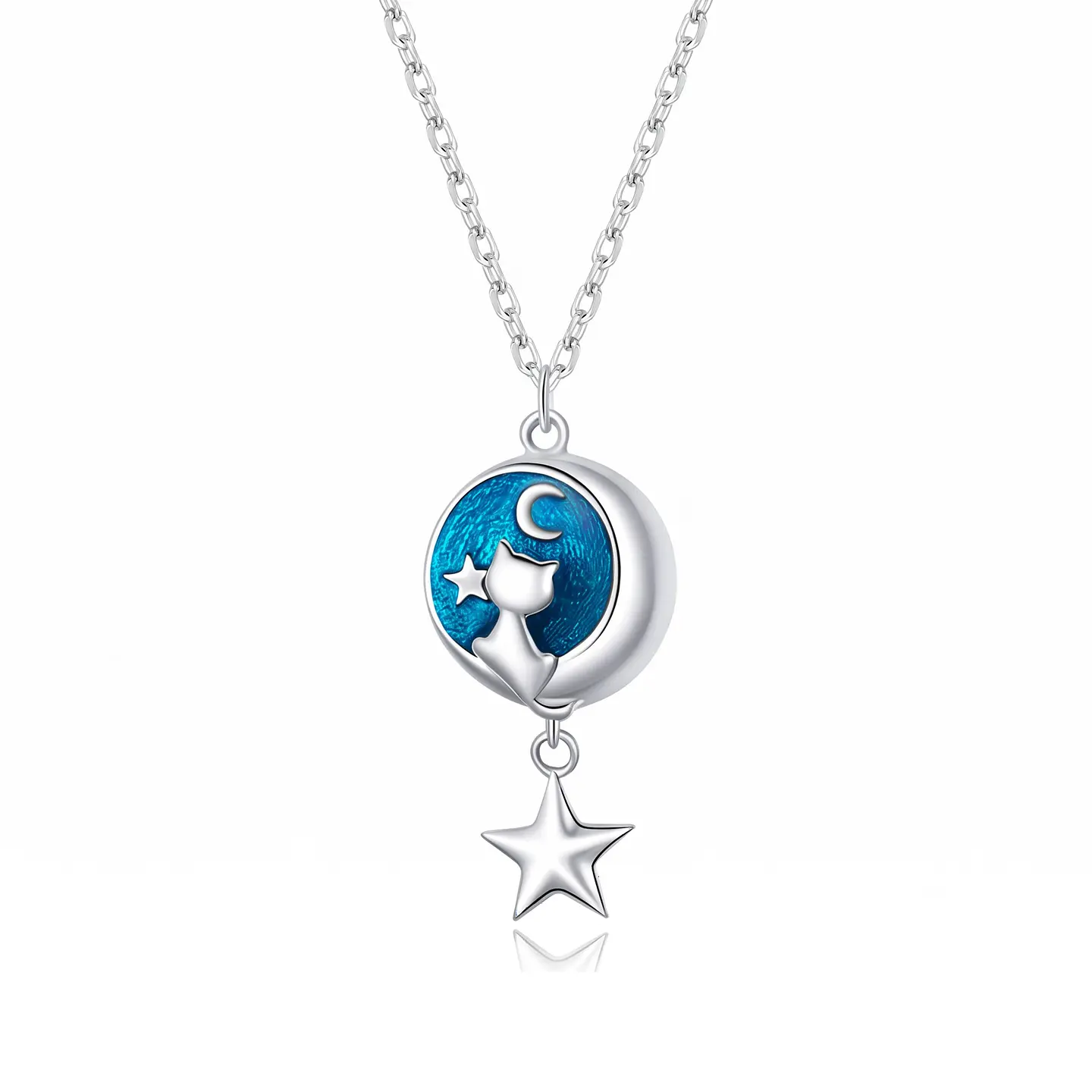 Collar Plata 925 Gatito con Luna y Estrella 1