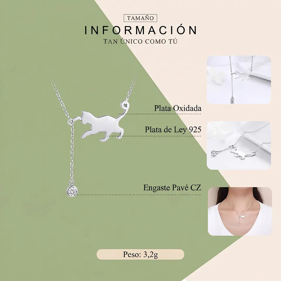 Collar Plata 925 Gatito Jugueton y Circón 3