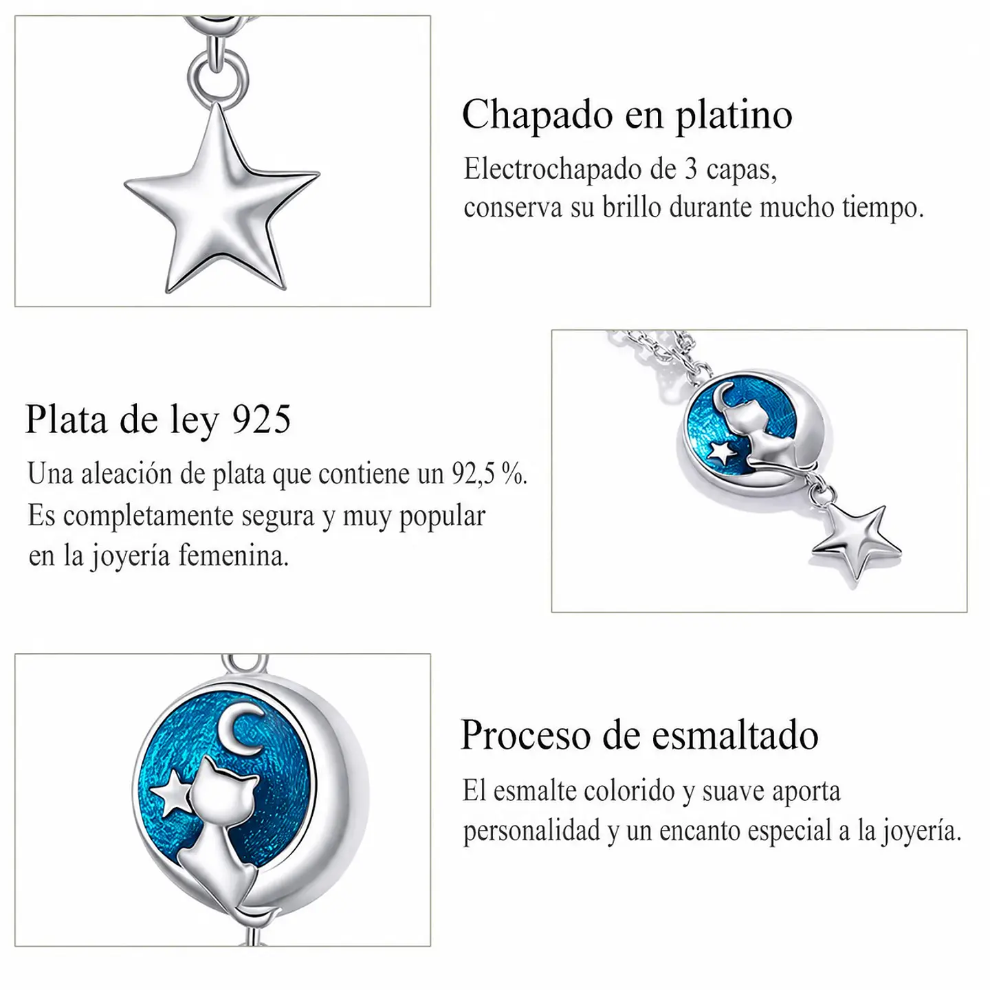 Collar Plata 925 Gatito con Luna y Estrella 7