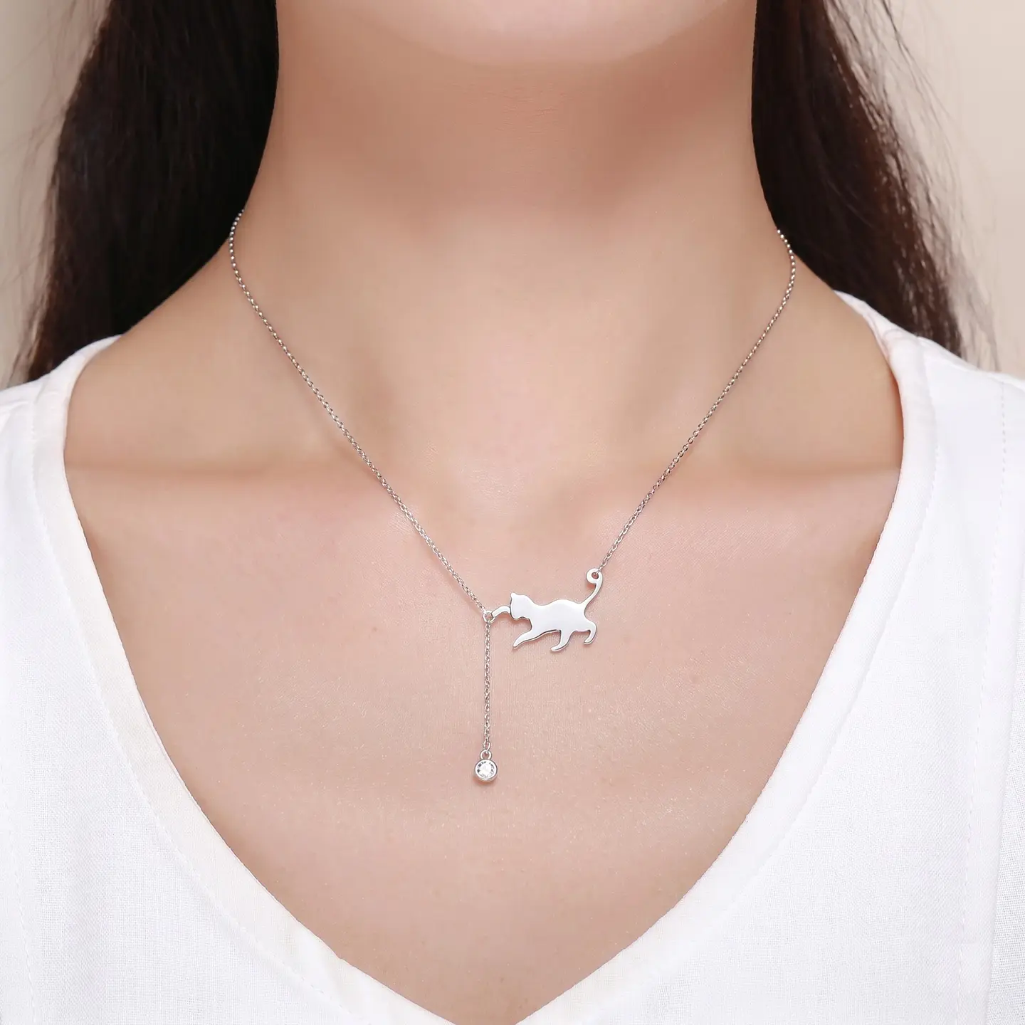 Collar Plata 925 Gatito Jugueton y Circón 6