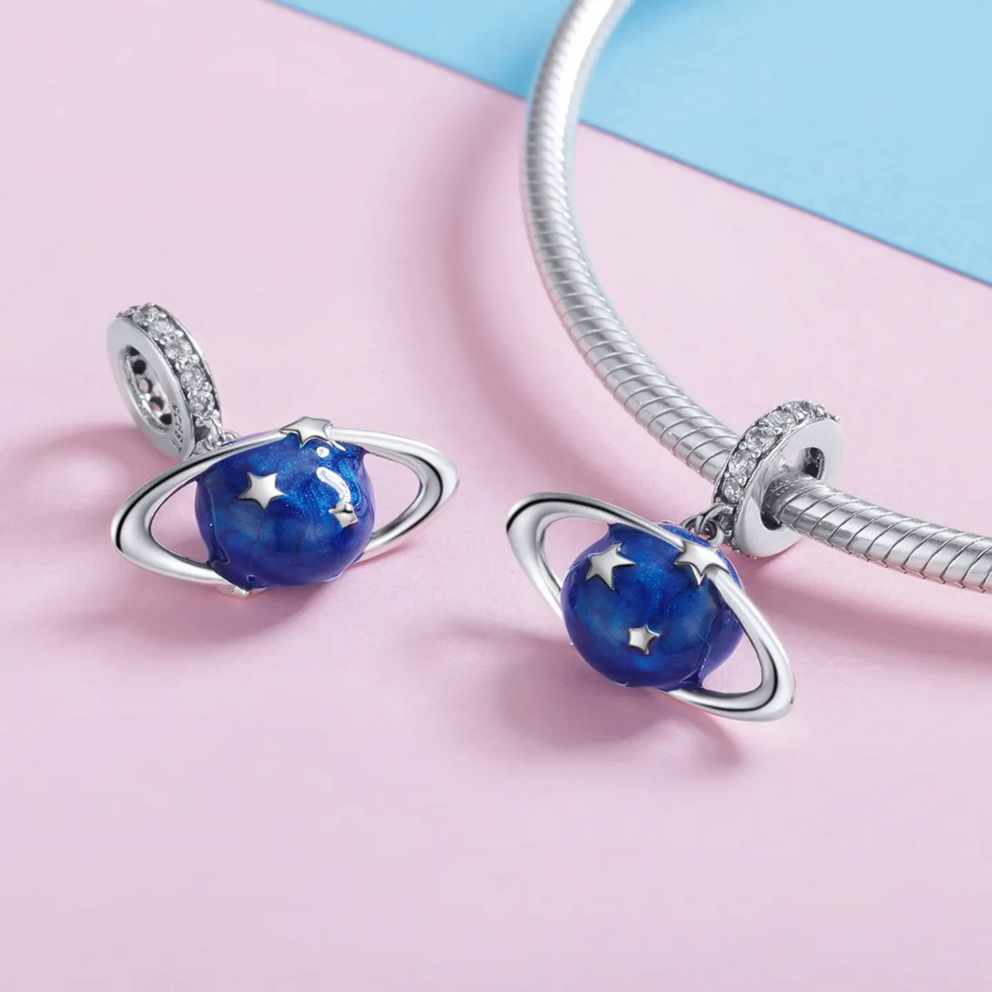 Charm Dije Plata 925 Planeta Azul y Estrellas 5