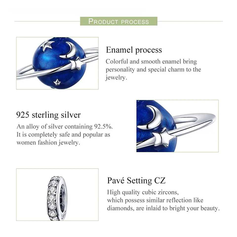 Charm Dije Plata 925 Planeta Azul y Estrellas 6