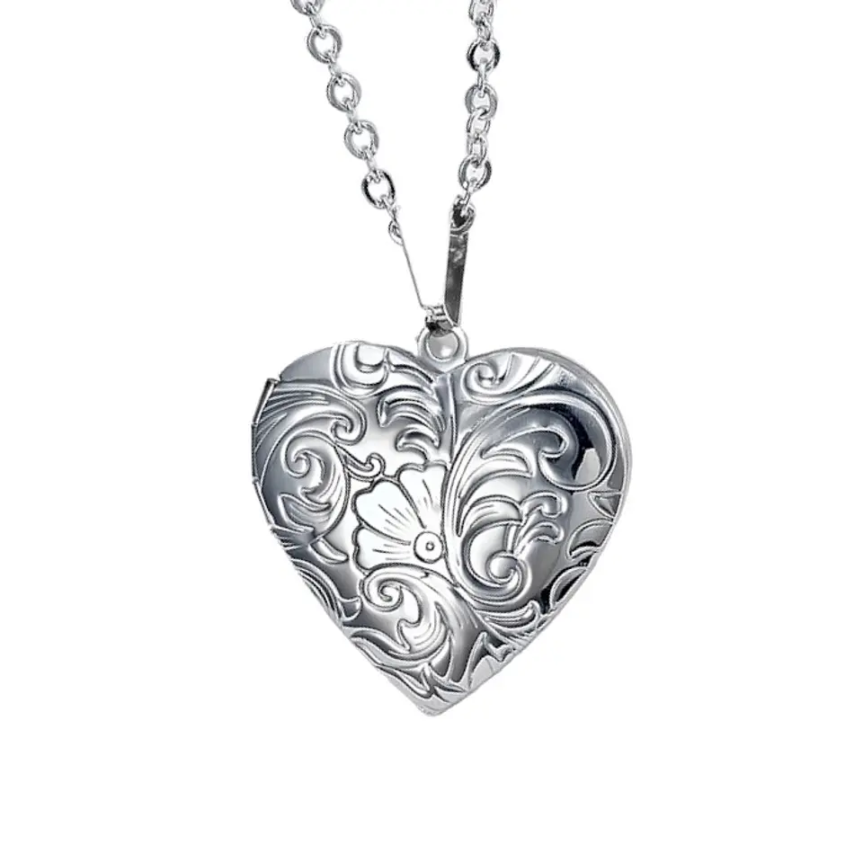Collar Relicario Corazon Vintage Acero Plateado 1