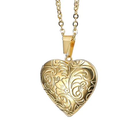 Collar Relicario Corazon Vintage Acero Dorado