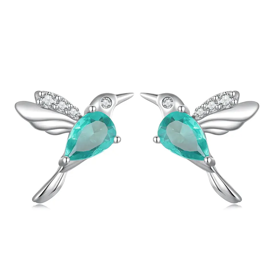 Aros Plata 925 Colibri Pajaro Verde Hummingbird 1