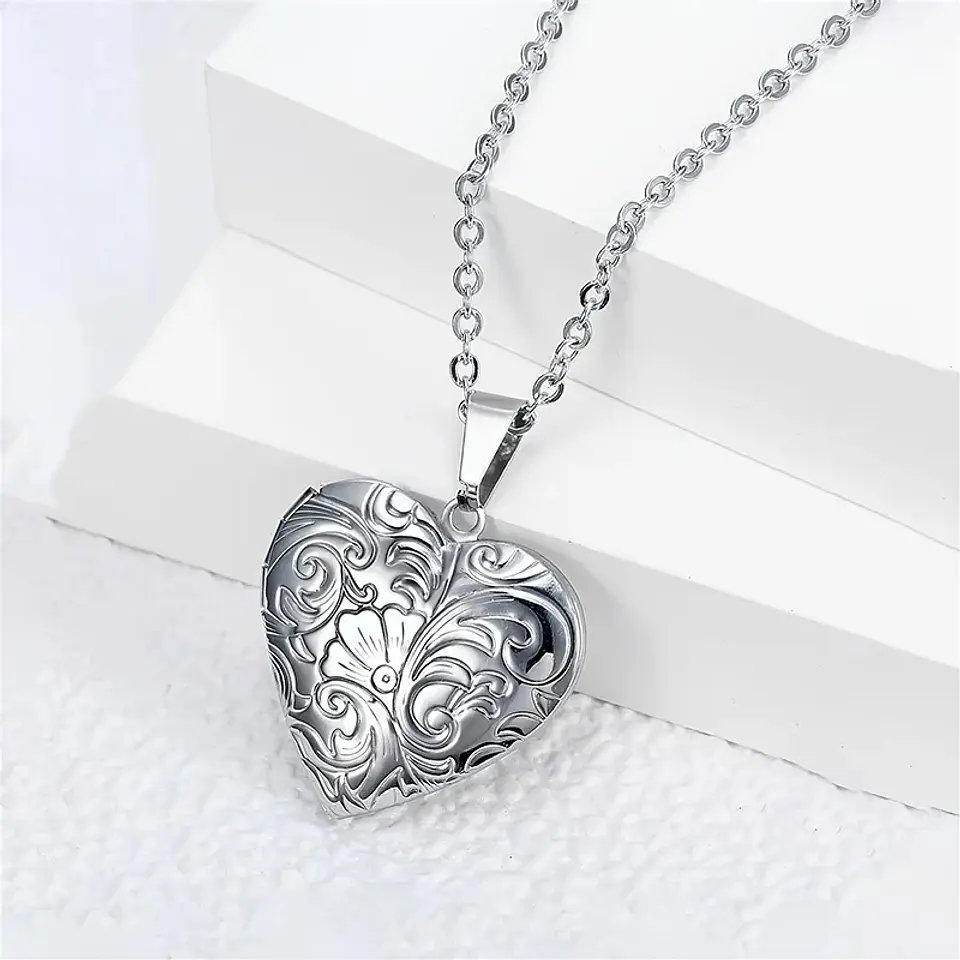 Collar Relicario Corazon Vintage Acero Plateado 4