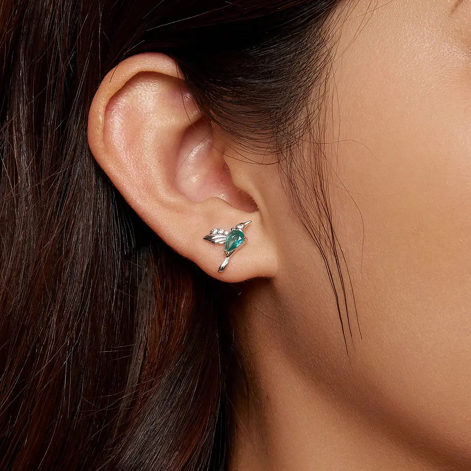 Aros Plata 925 Colibri Pajaro Verde Hummingbird 3