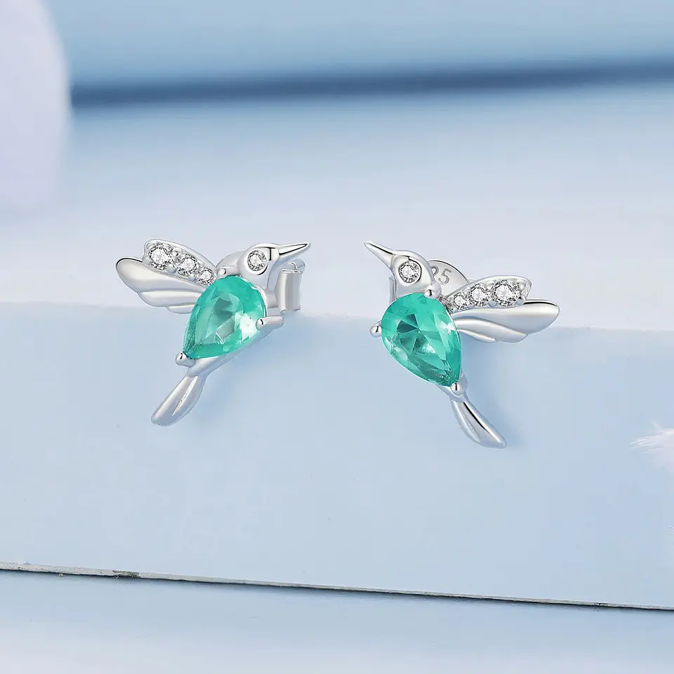 Aros Plata 925 Colibri Pajaro Verde Hummingbird 5
