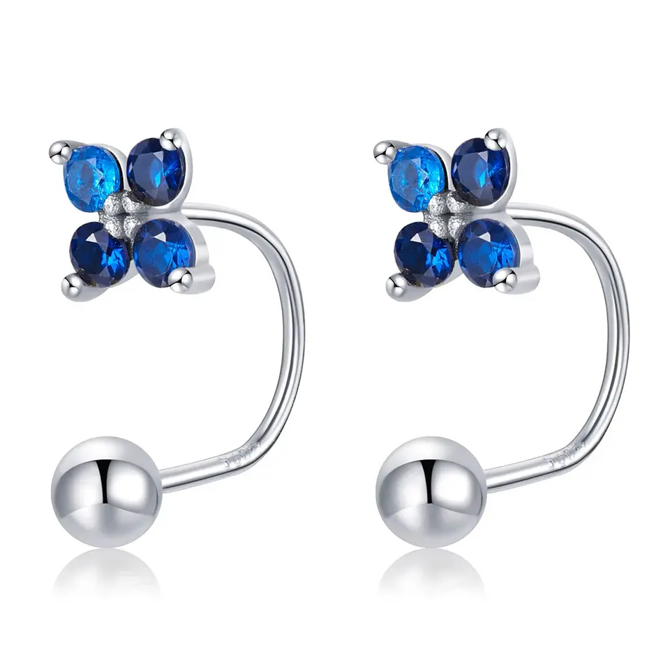 Aros Plata 925 Pasador Flor Azul Bolita 1