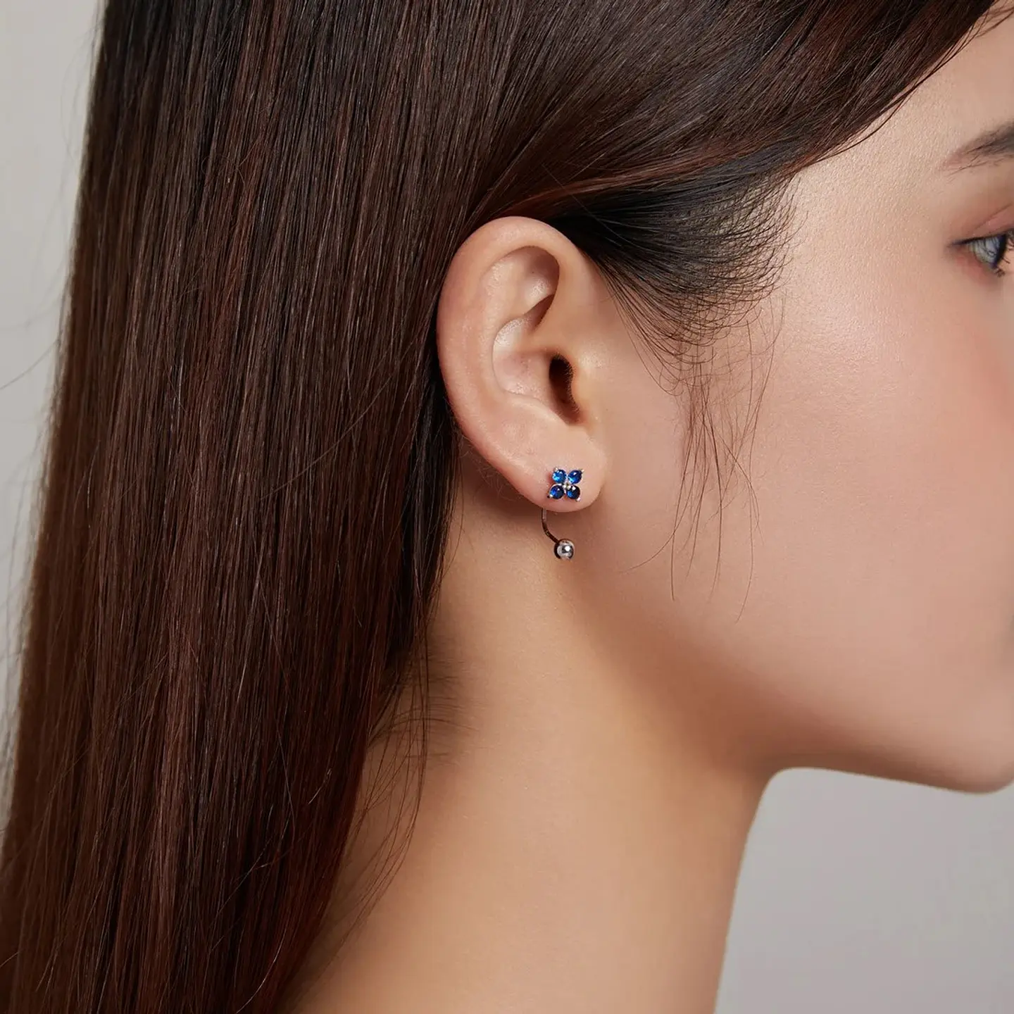 Aros Plata 925 Pasador Flor Azul Bolita 2