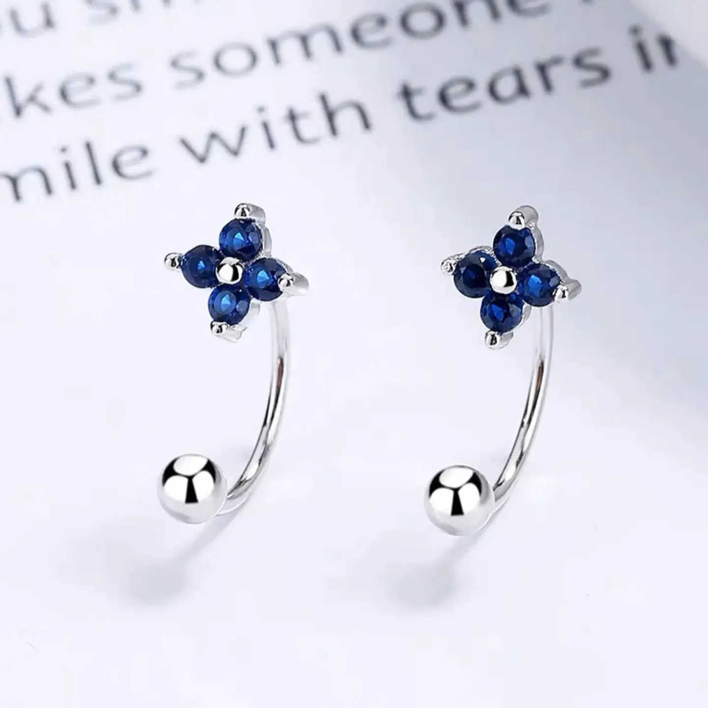 Aros Plata 925 Pasador Flor Azul Bolita 3