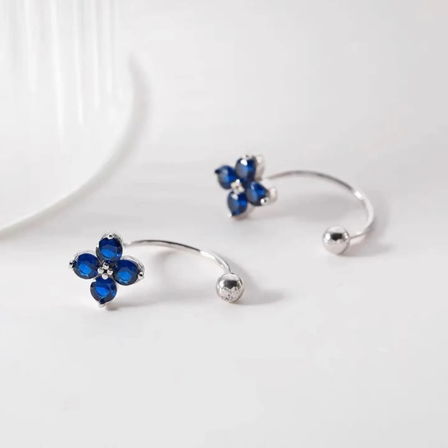 Aros Plata 925 Pasador Flor Azul Bolita 4