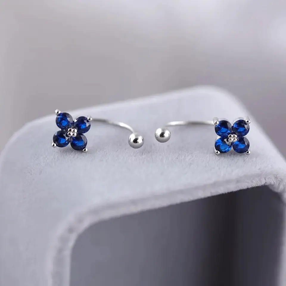 Aros Plata 925 Pasador Flor Azul Bolita 5