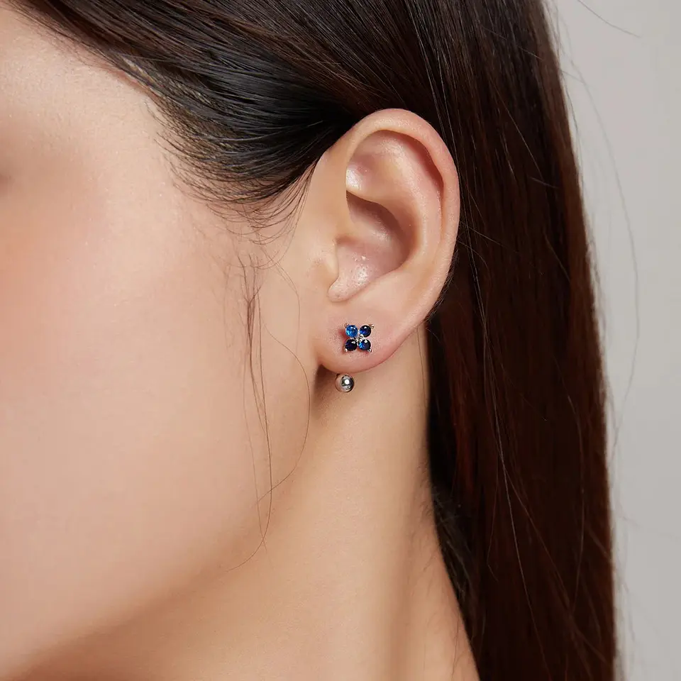 Aros Plata 925 Pasador Flor Azul Bolita 6