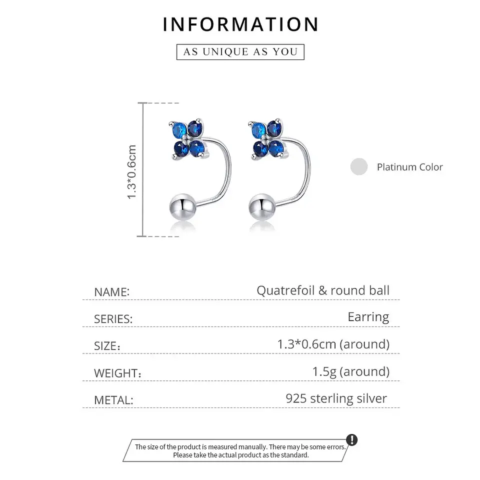 Aros Plata 925 Pasador Flor Azul Bolita 7