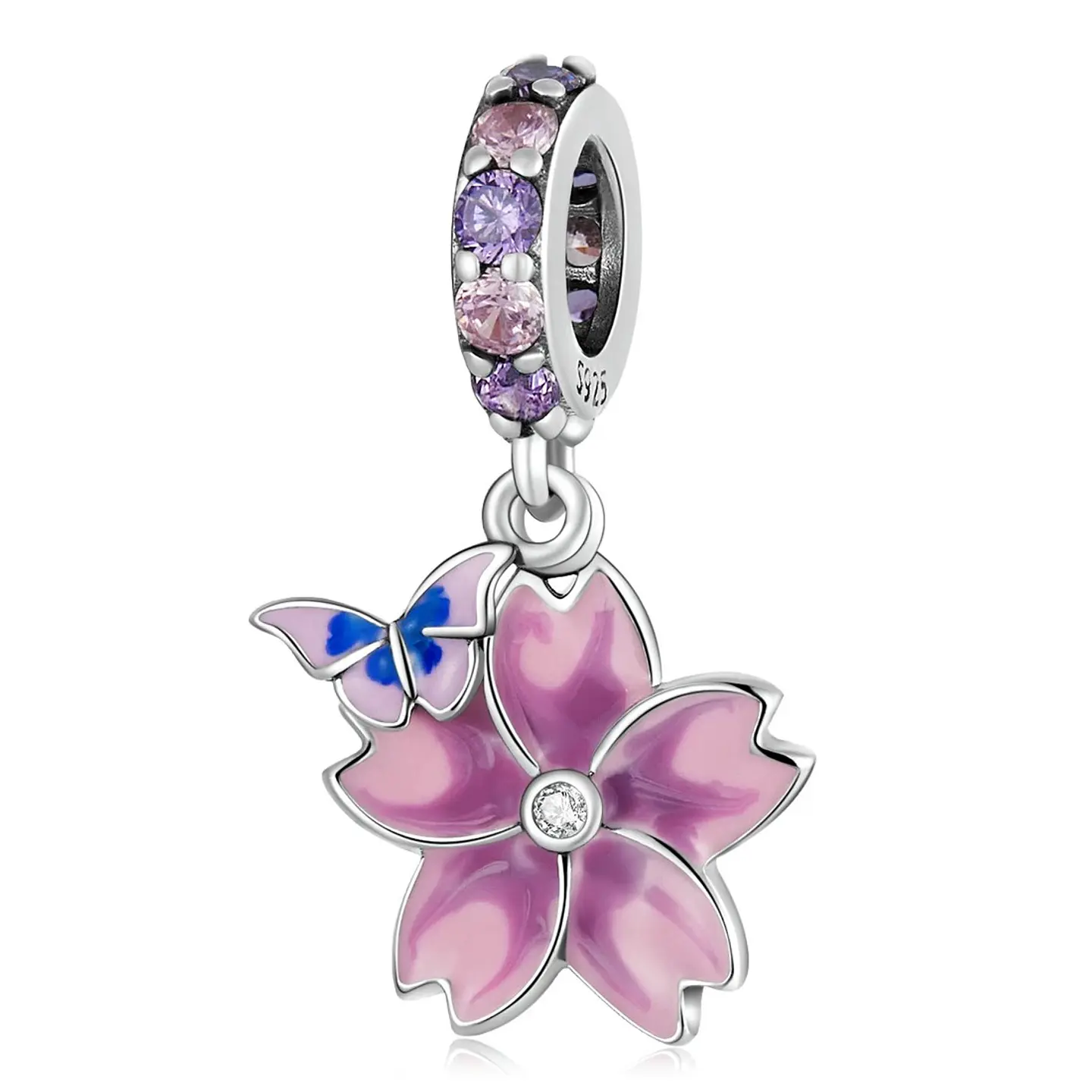 Charm Dije Plata Flor Purpura con Mariposa 1