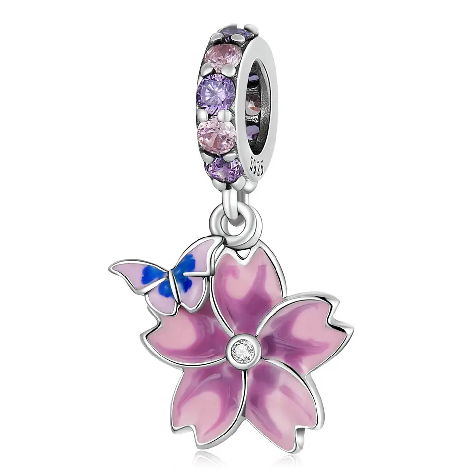 Charm Dije Plata Flor Purpura con Mariposa 1