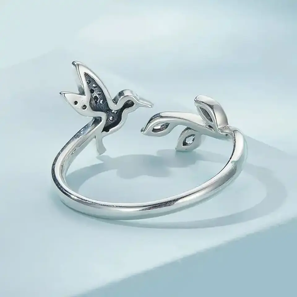 Anillo Plata 925 Colibri Picaflor con Hojas 6