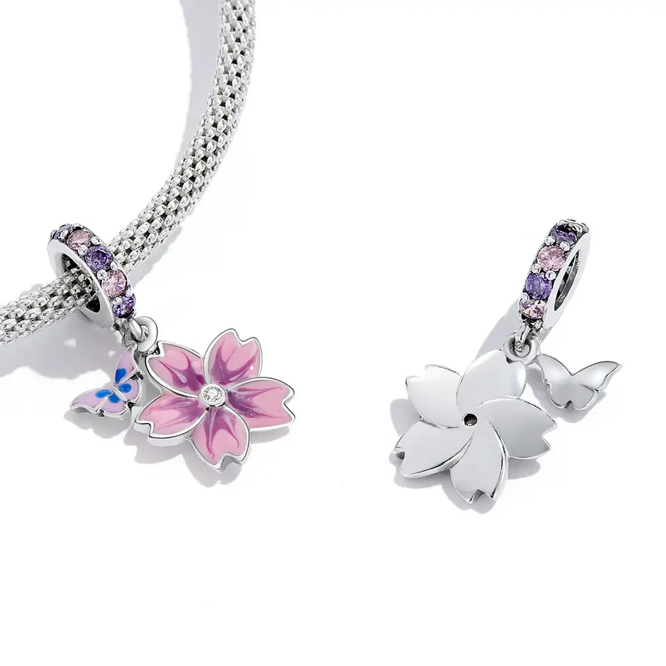 Charm Dije Plata Flor Purpura con Mariposa 3