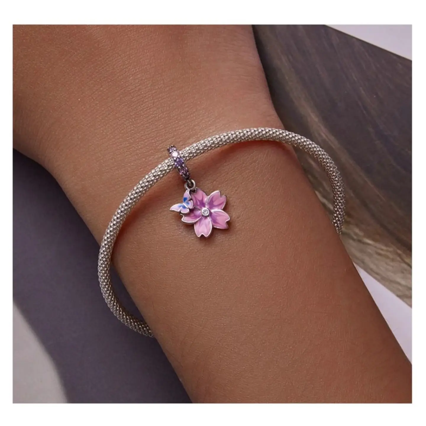 Charm Dije Plata Flor Purpura con Mariposa 4
