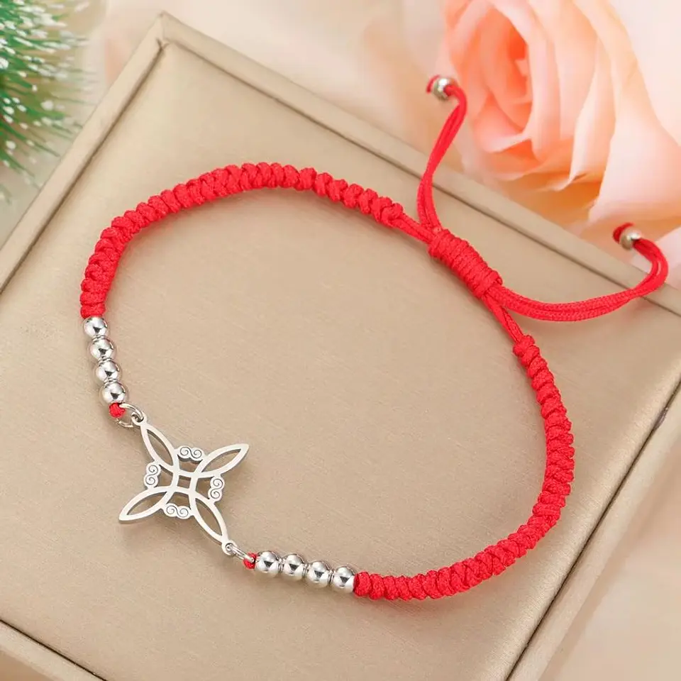 Pulsera Nudo de Bruja Celta Plateada Acero y Cuerda Roja 3