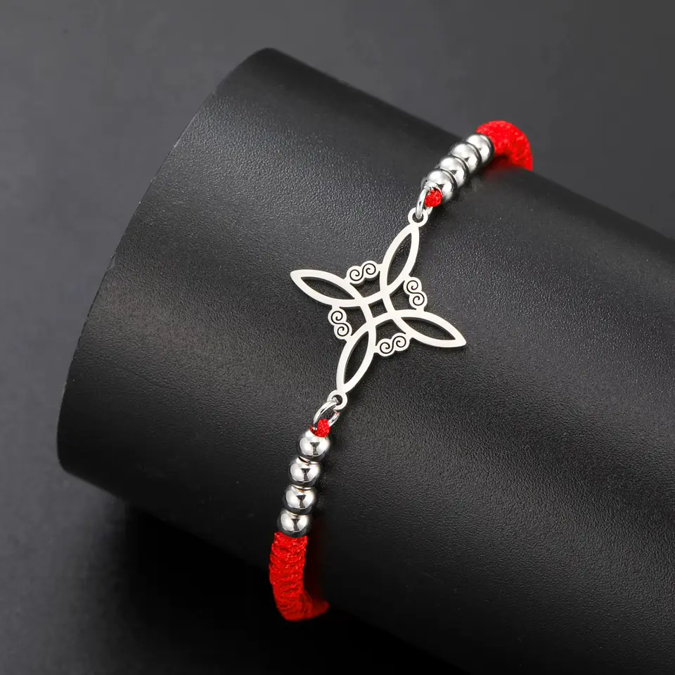 Pulsera Nudo de Bruja Celta Plateada Acero y Cuerda Roja 5