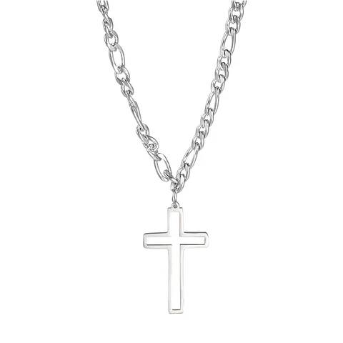 Colgante Collar Cruz Biselada Fígaro Acero Plateado