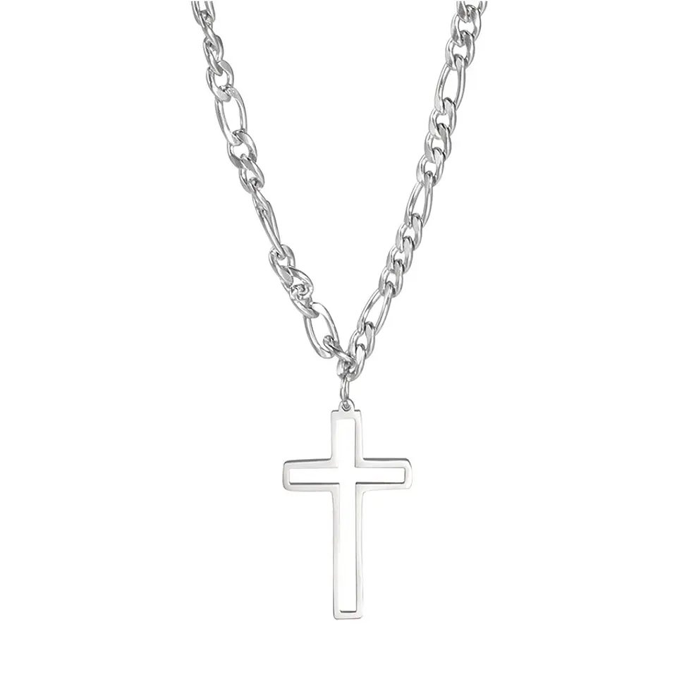 Colgante Collar Cruz Biselada Fígaro Acero Plateado 1