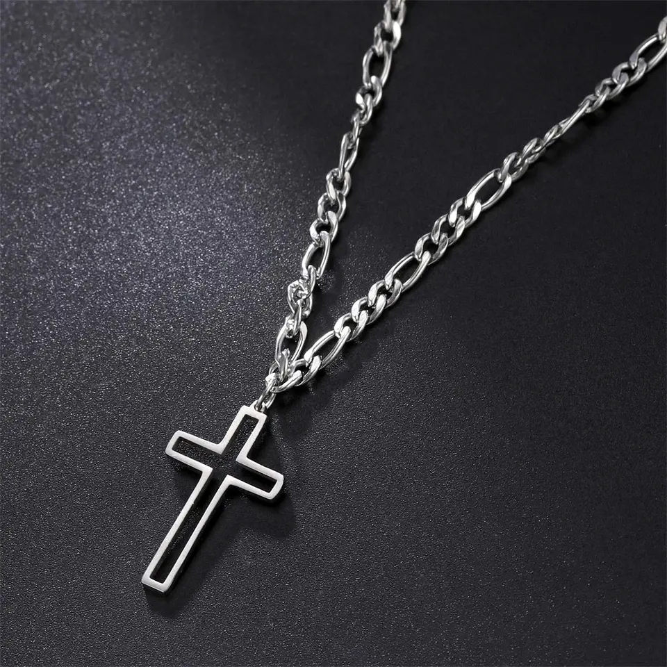 Colgante Collar Cruz Biselada Fígaro Acero Plateado 3