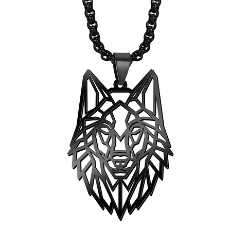 Collar Cabeza Lobo Wolf Acero Geométrico Negro