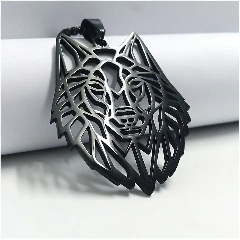 Collar Cabeza Lobo Wolf Acero Geométrico Negro 2