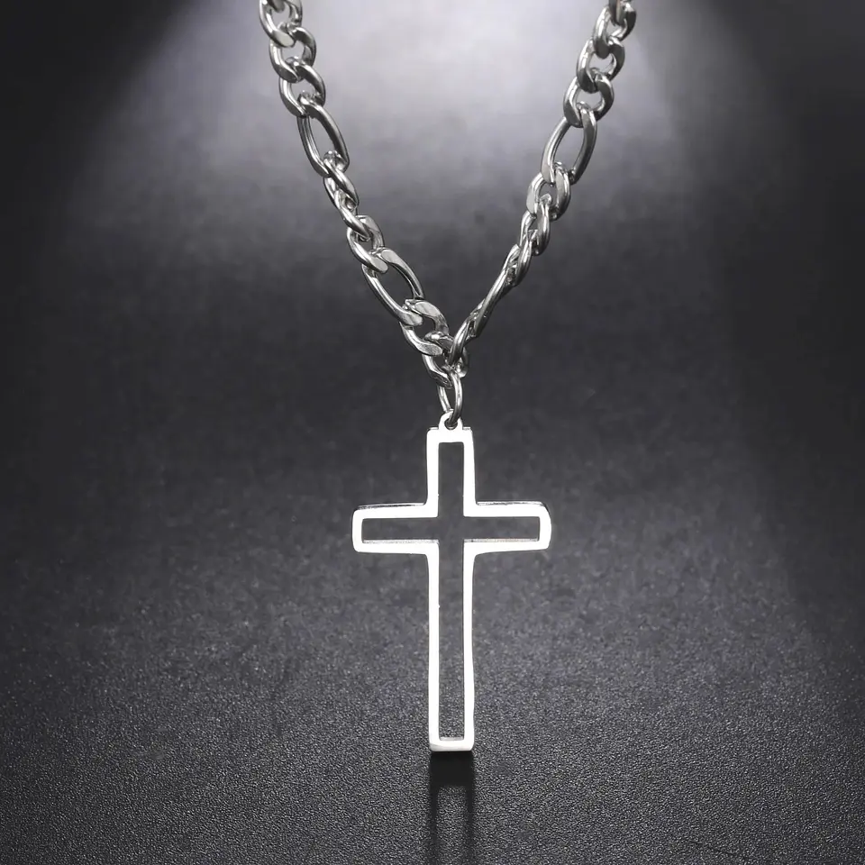Colgante Collar Cruz Biselada Fígaro Acero Plateado 5