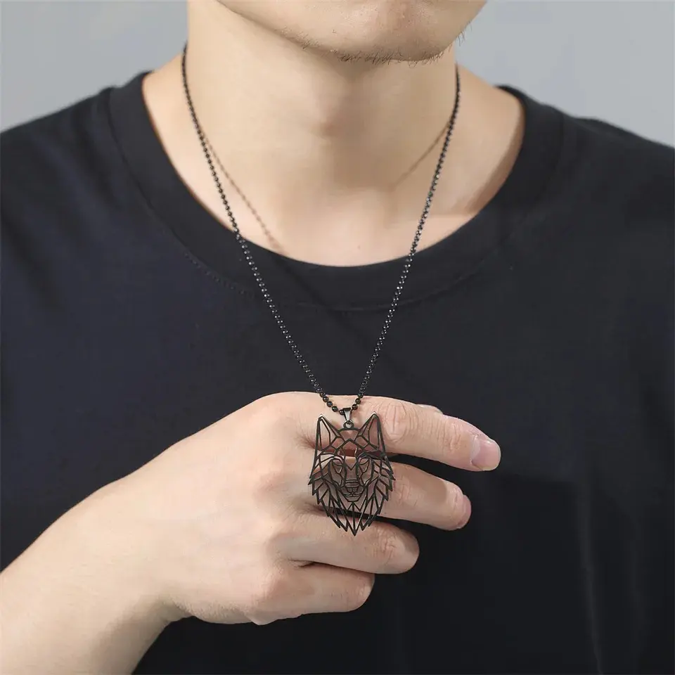 Collar Cabeza Lobo Wolf Acero Geométrico Negro 3