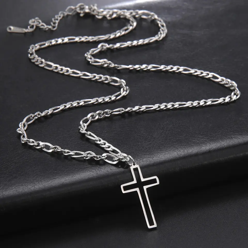 Colgante Collar Cruz Biselada Fígaro Acero Plateado 6