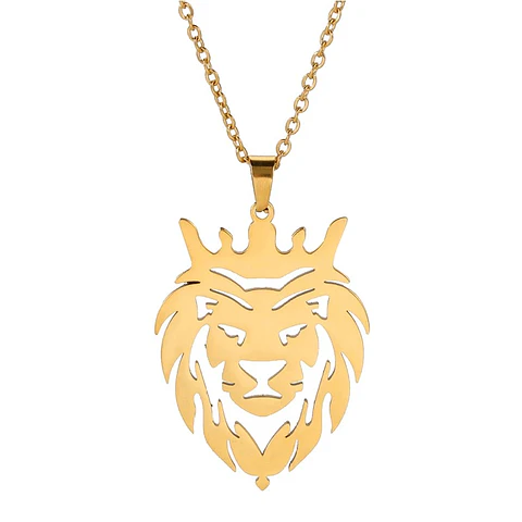 Collar Cabeza Leon Corona King Acero Dorado