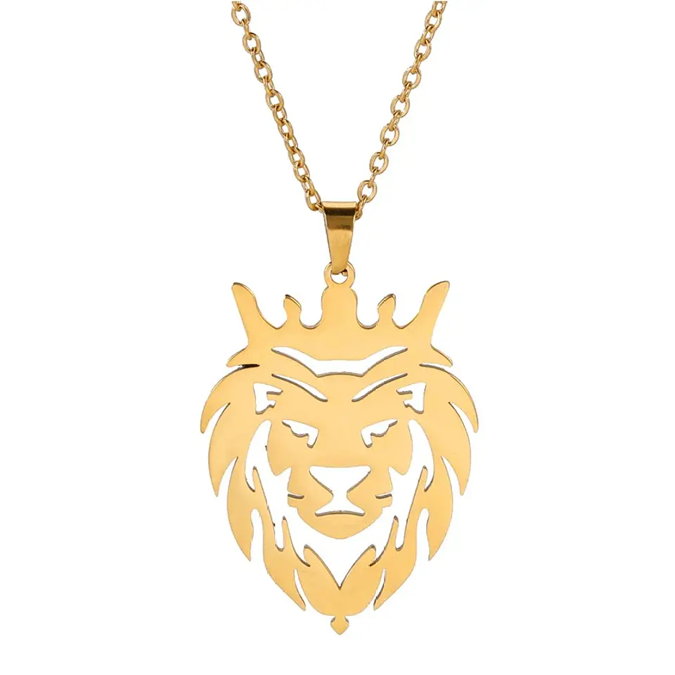 Collar Cabeza Leon Corona King Acero Dorado 1