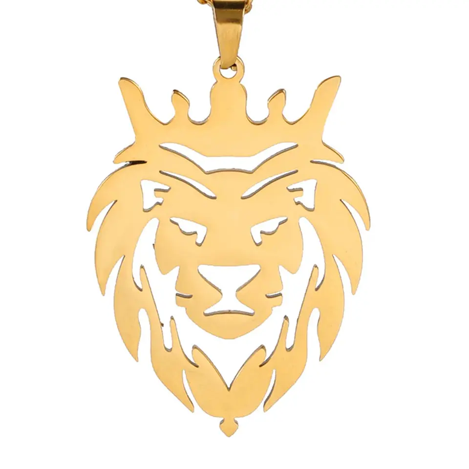 Collar Cabeza Leon Corona King Acero Dorado 2